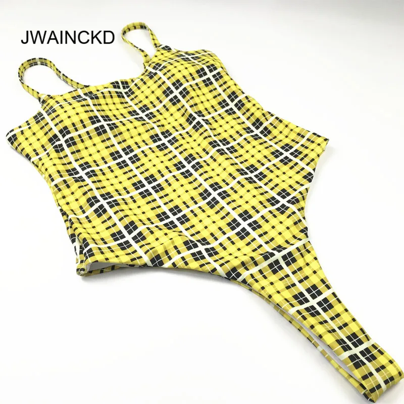Сплошной желтый клетчатый слитный купальник JWAINCKD женский с открытой спиной в