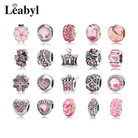 4pcslot leabyl european american pink crystal alloy charms fit bracelet tibetan silver crown heart flower bead for diy making
