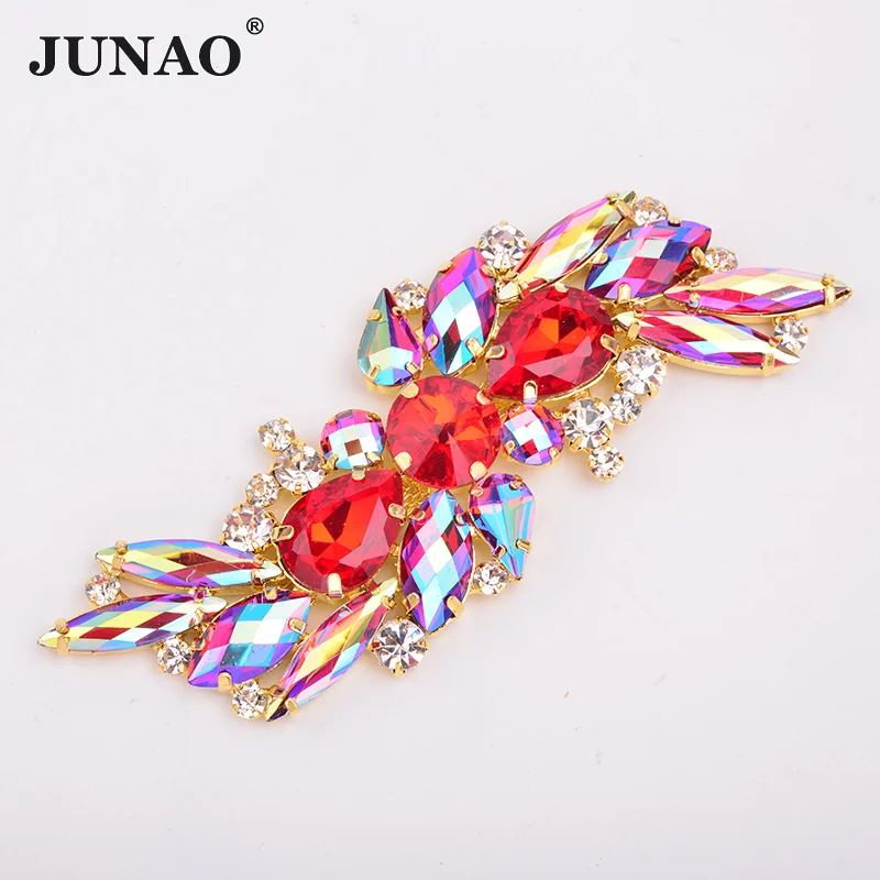 36X72mmRed AB JUNAO 45*140 мм Пришивные розы AB Цветок стеклянные стразы на цепочке бикини со стразами Коннектор с плоской задней частью Золотая Аппликация с кристаллами - Цвет: 36X72mmRed AB