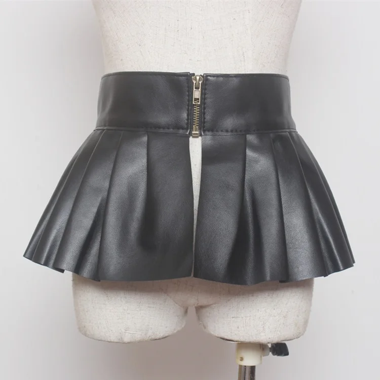 Женское платье из искусственной кожи на молнии широкий пояс с оборками и баской