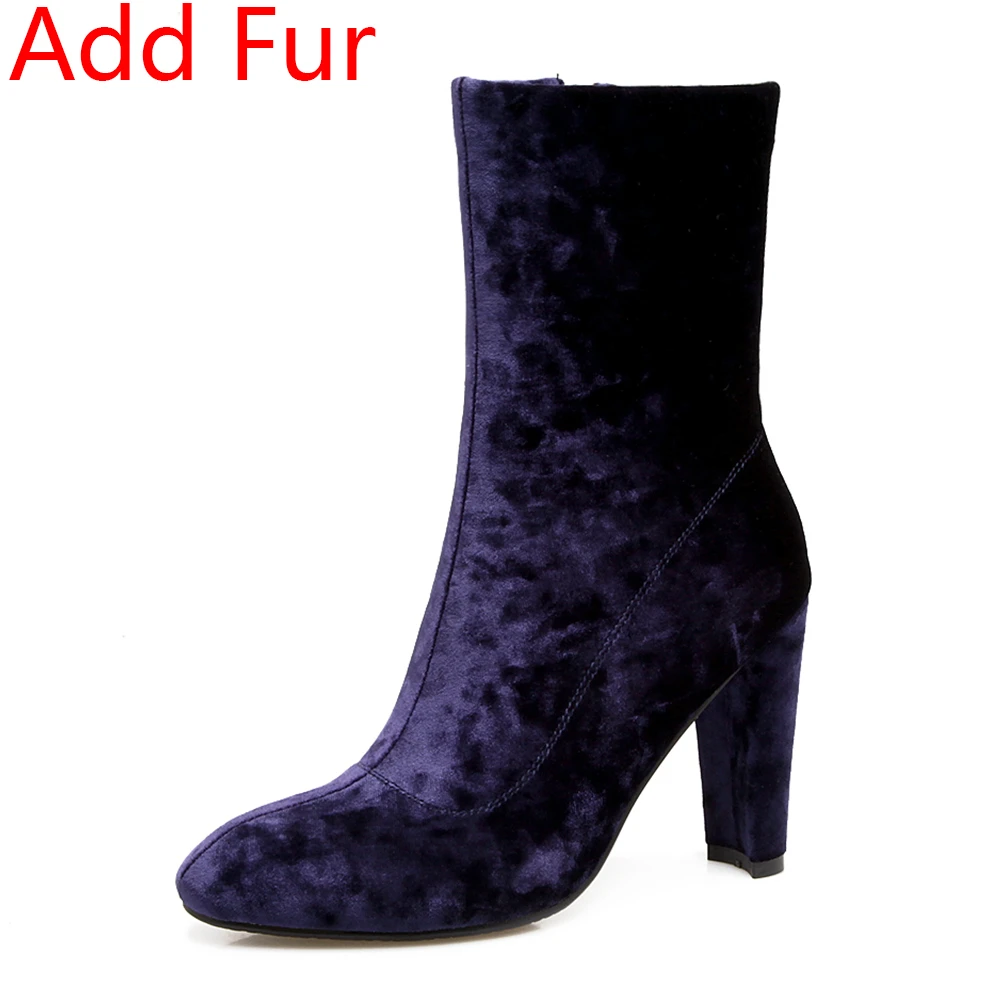 purple thick fur DORATASIA/Брендовые женские ботинки на меху на высоком каблуке 10 см размера плюс 33-46, Элегантные зимние Бархатные вечерние ботинки, женские ботинки до середины икры - Цвет: purple thick fur