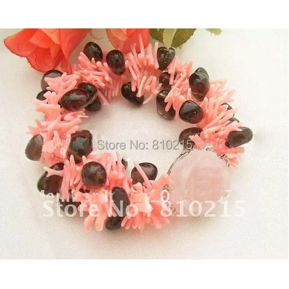 

Beautiful ! 3Strds Pink Coral & Smoky Quartz Bracelet 8inch Rose Quartz Flower Clasp Hot Sale Fashion Jewelry New Free Shipping