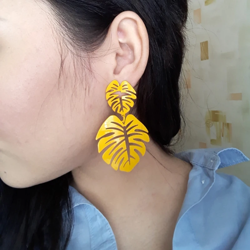 Exaggerated Bohemia Colorful Metal Hollow Double Leaves Coconut Palm Leaf Big Beach Earrings For Women Girl Large ez55 | Украшения и