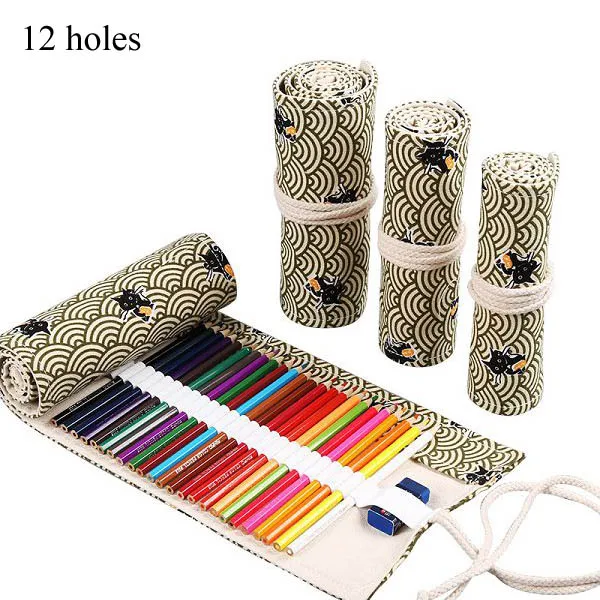 12 holes vintage 12/24/36 отверстия Карандаш Чехол Trousse Stylo Kawaii Cat рулон Pennen Etui Astuccio порта Пенне Articulos Escolares большой школьный рюкзак - Цвет: 12 holes vintage