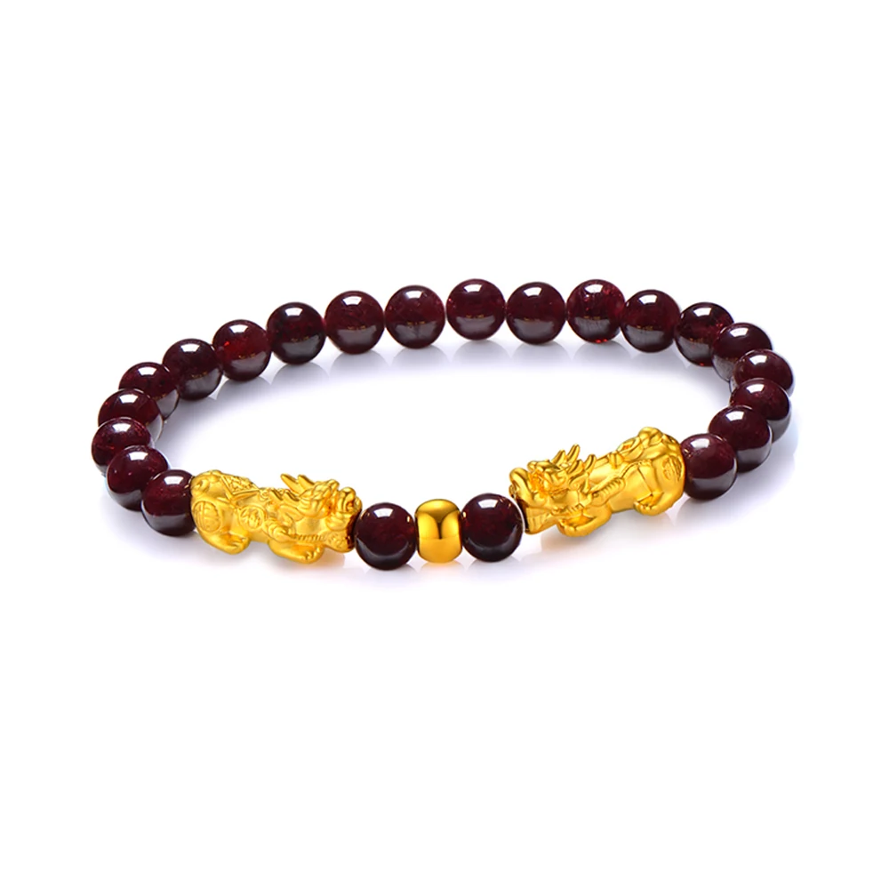 Браслет с красными гранатовыми бусинами имитация золота 3D двойной пиксиу