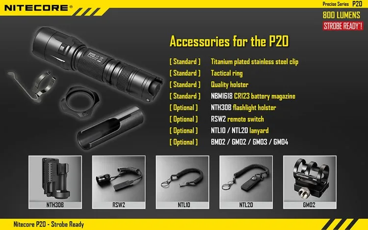 Тактический светодиодный фонарь NITECORE P20/P20UV+ NTH30B с держателем, 800 лм, водонепроницаемый, для кемпинга, охоты, без батареи