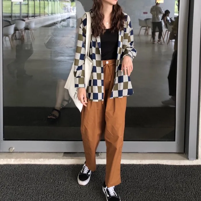 Личи девушки хит цвет плед пуговицы Длинная блузка отложной воротник с длинным