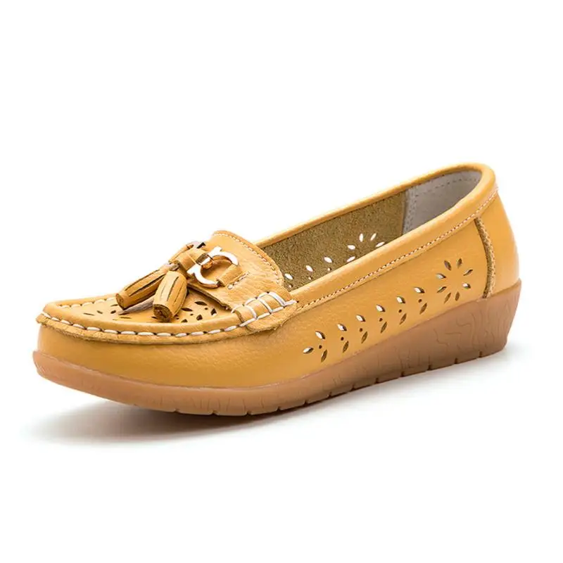 AURONET Soft Leather Hollow Women Ballet Flats Shoes Slip On Loafers Women'S Moccasins Boat Shoes Large Size Spor Ayakkabi Bayan - Color: Yellow