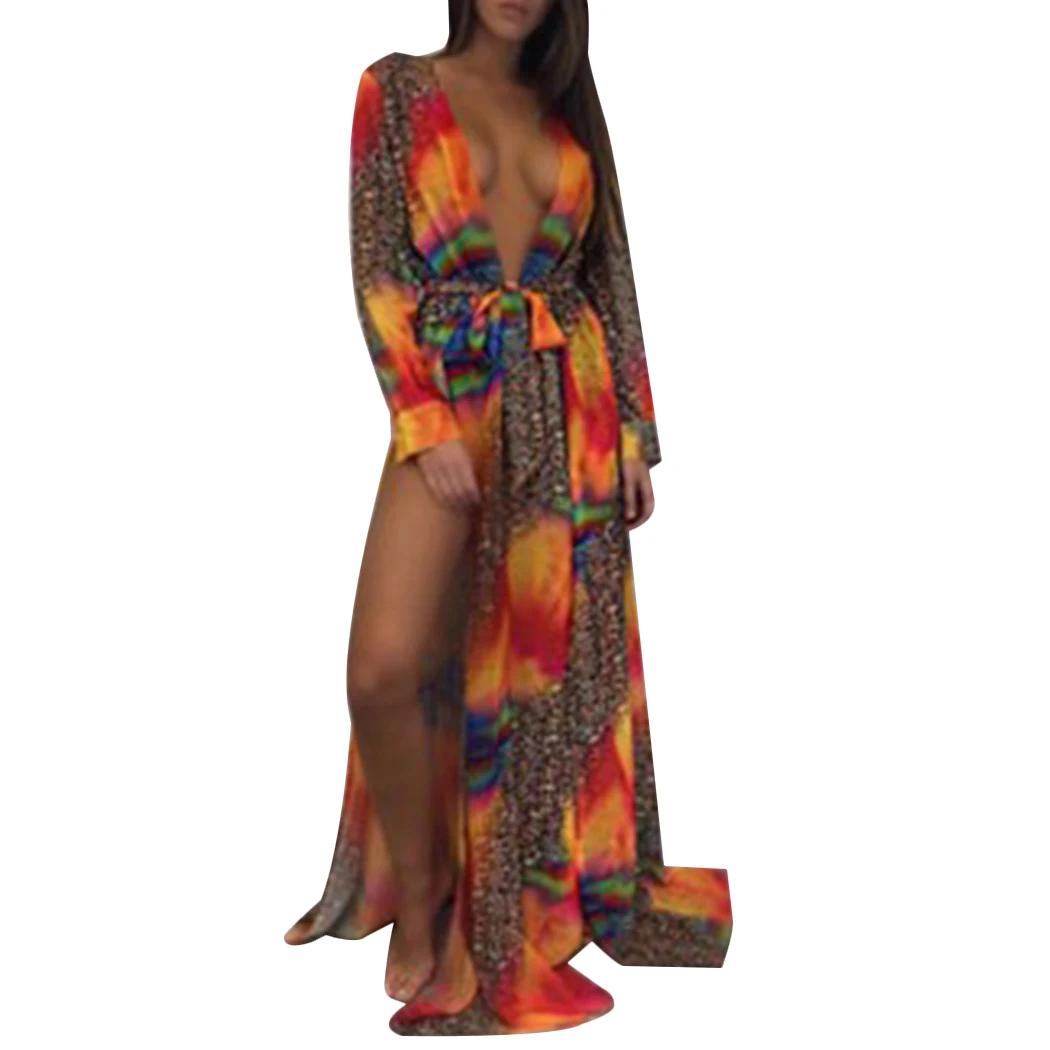 Женское бикини пляжное макси платье саронг кимоно кафтан Леопардовый цвет