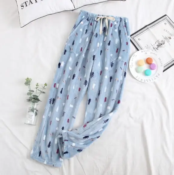 light blue Fdfklak Осень Зима пижамы брюки мультфильм Фланелевые домашние брюки свободные теплые пижамы брюки женские брюки - Цвет: light blue