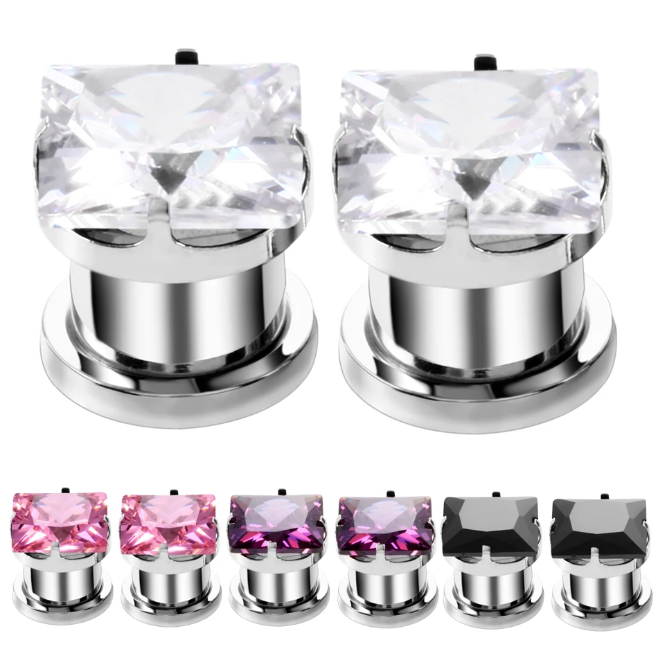 

2pcs/lot Steel Colorful Square Zircon Ear Flesh Plugs Piercing Screw Fit Ear Tunnel Stretcher Expander For Unisex Jewelry 4-10mm