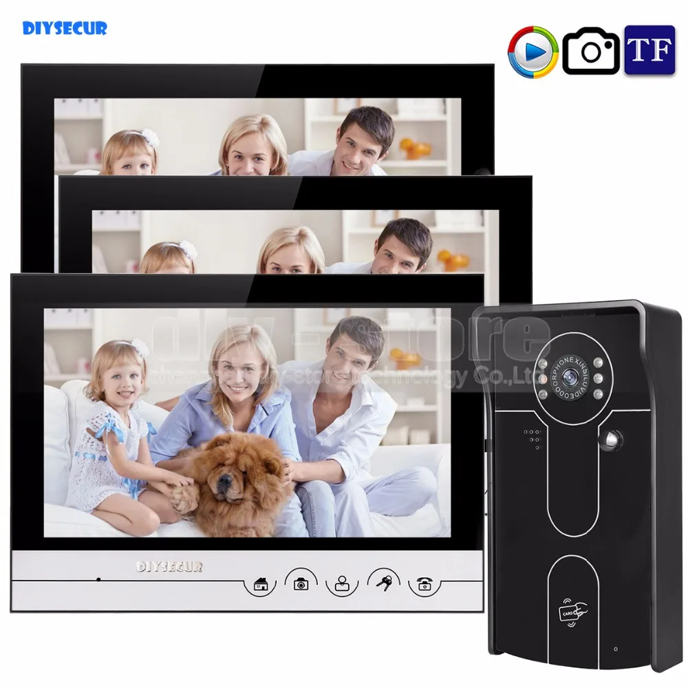 

Дверной видеодомофон DIYSECUR, водонепроницаемый телефон с экраном 9 дюймов и камерой HD и RFID, подходит для съемки фото и видео, 1V3