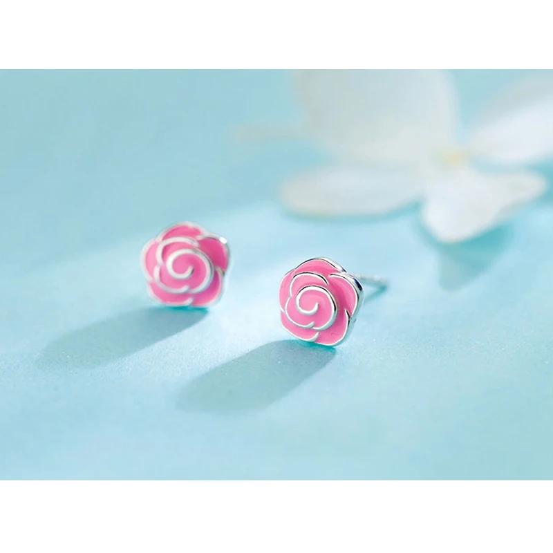 

MloveAcc Original 925 Sterling Silver Pink Enamel Rose Petals Flower Stud Earrings for Women Girls Fashion Jewelry
