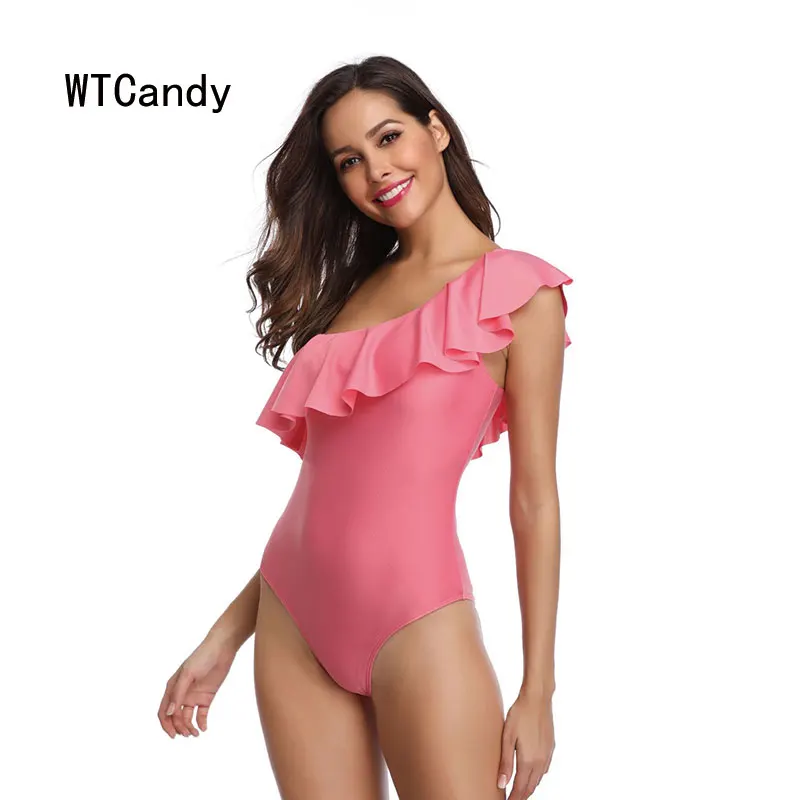 WTCandy сексуальный цельный купальник с одним плечом женский оборками однотонный