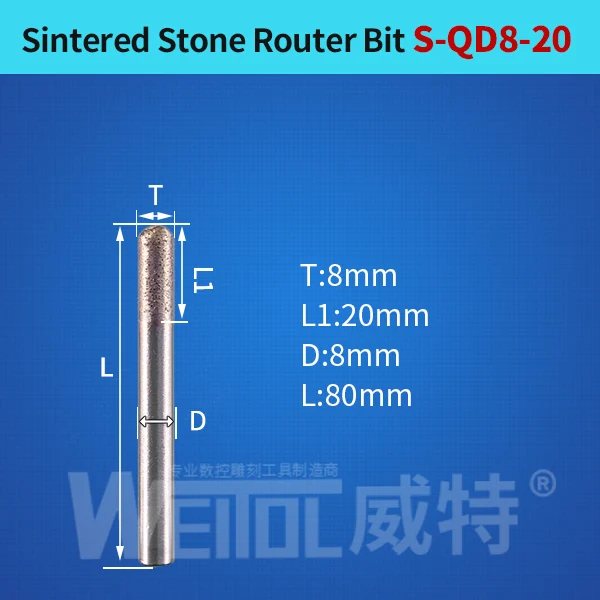 S-QD8-20 Weitol 1 шт. 6 мм/8 мм хвостовик спеченный камень фрезы шариковый нос плоская головка алмазные ЧПУ Инструменты для резьбы по граниту мрамору - Длина режущей кромки: S-QD8-20