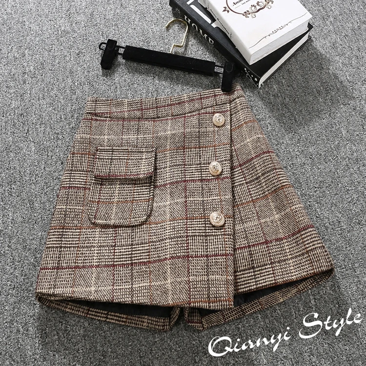 2018 весенние женские шорты с высокой талией A line широкие брюки Клетчатая Шерстяная