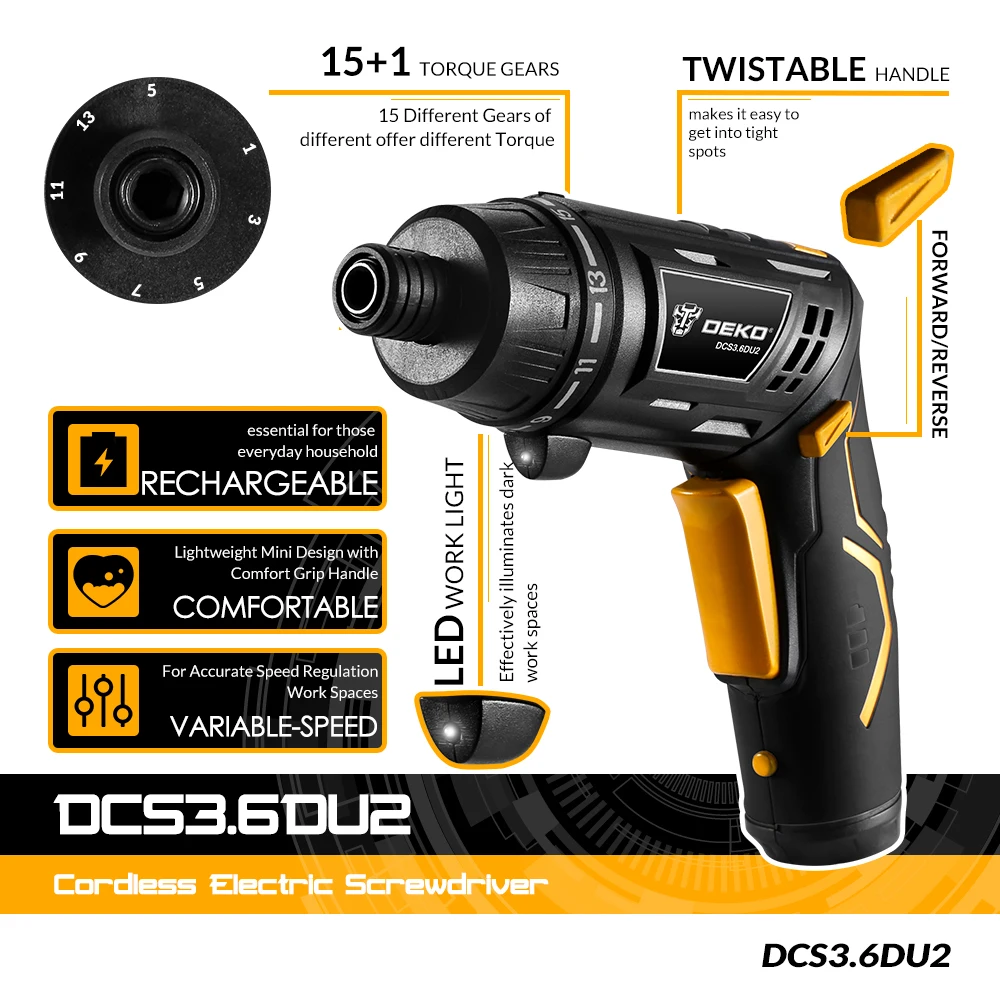 DEKO DCS3.6DU2 Беспроводная электрическая отвертка DIY Бытовая аккумуляторная батарея отвертка с поворотной ручкой светодиодный светильник