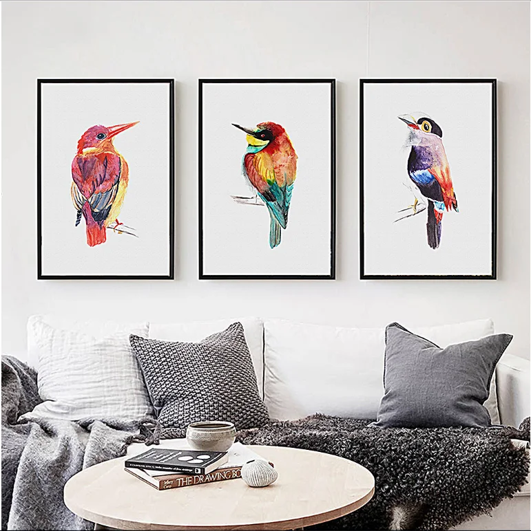 

Nordic concise watercolor bird decorative painting frameless painting 3 pieces wall pictures wall art decoration