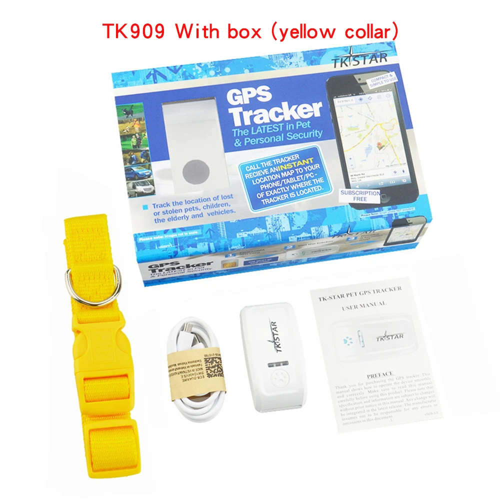With box(yellow) Умный мини TK909 Pet gps трекер для кошек собак в реальном времени Отслеживание Водонепроницаемый гео-забор история-проверка следов датчик встряхивания оповещения - Цвет: With box(yellow)