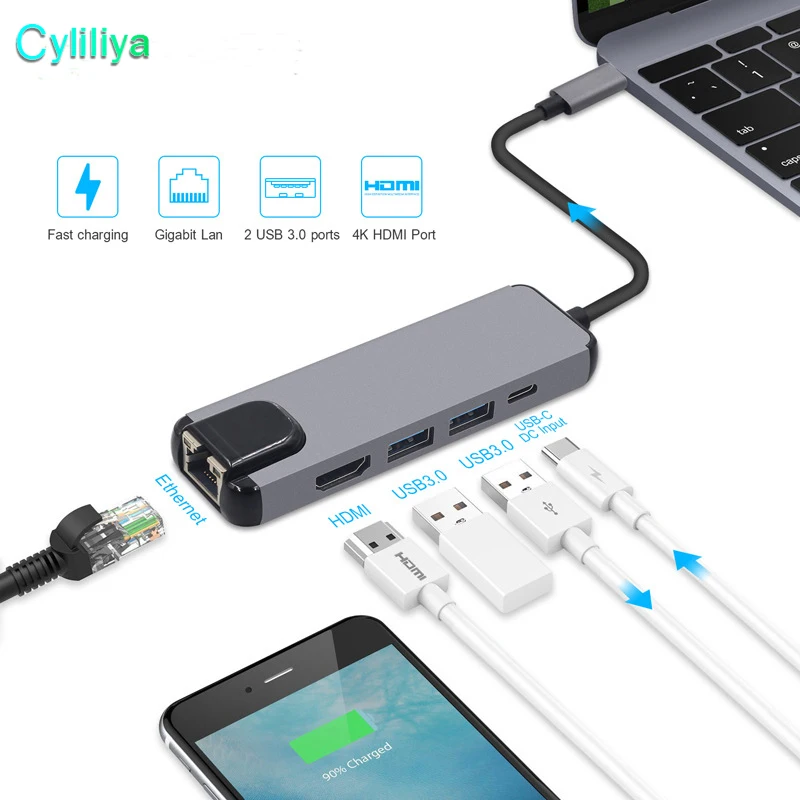 5 in 1 USB Type C Hub Hdmi 4K to Gigabit Ethernet Rj45 Lan Adapter for Macbook Pro Thunderbolt 3 USB-C Charger Port | Электроника