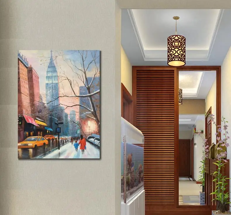 

Wall art oil painting canvas season of New York city street landscapes modern colorful artwork for room decor hand painted