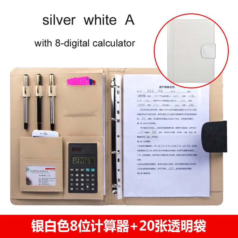 silver white A A4 Искусственная кожа HASP замок бизнес-менеджер папки файла офисные соглашение документ отчет Папки Портфолио ручной зажим 1083a - Цвет: silver white A