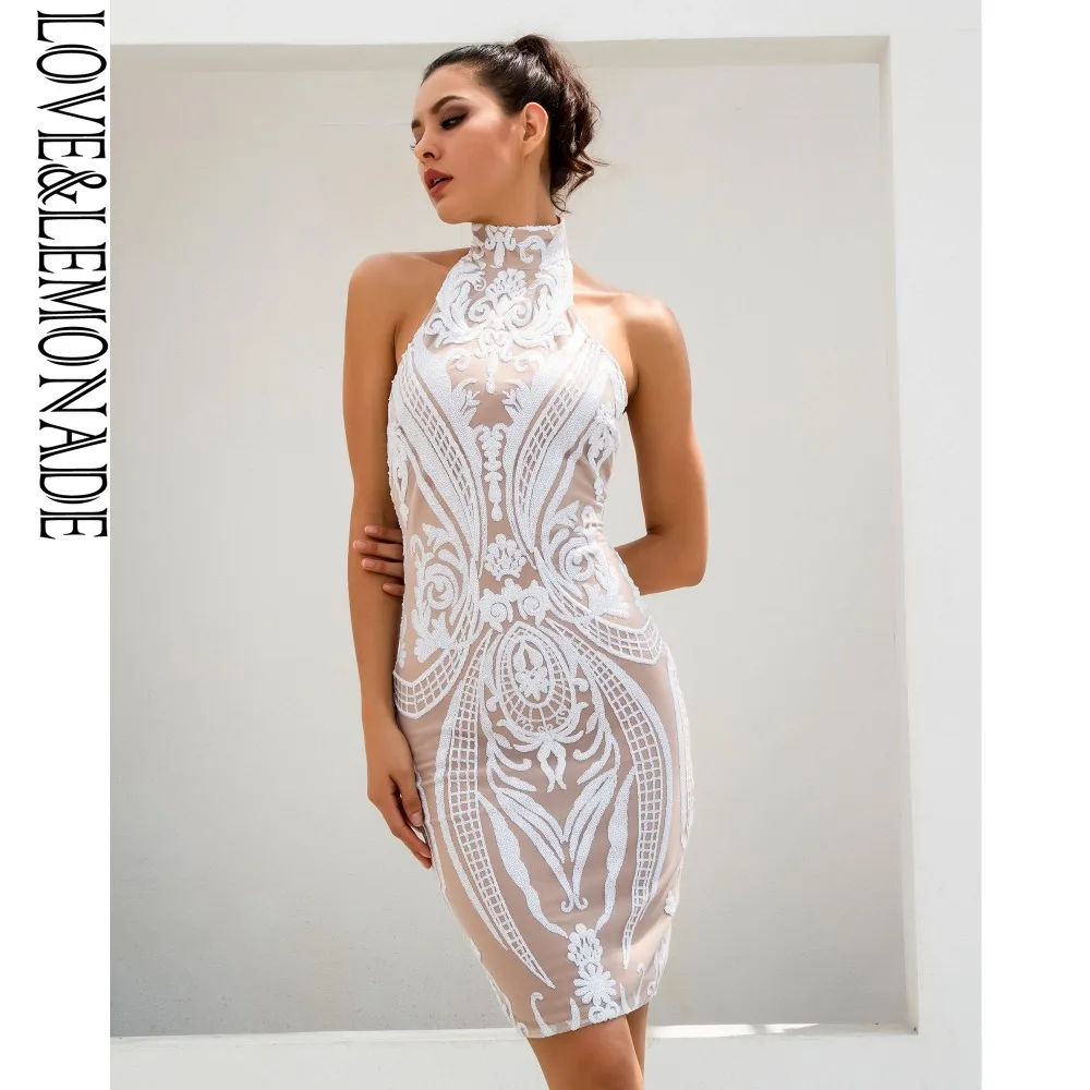 Love& Lemonade сексуальные белые ретро блестки Halo Bodycon Вечерние платья LM80008