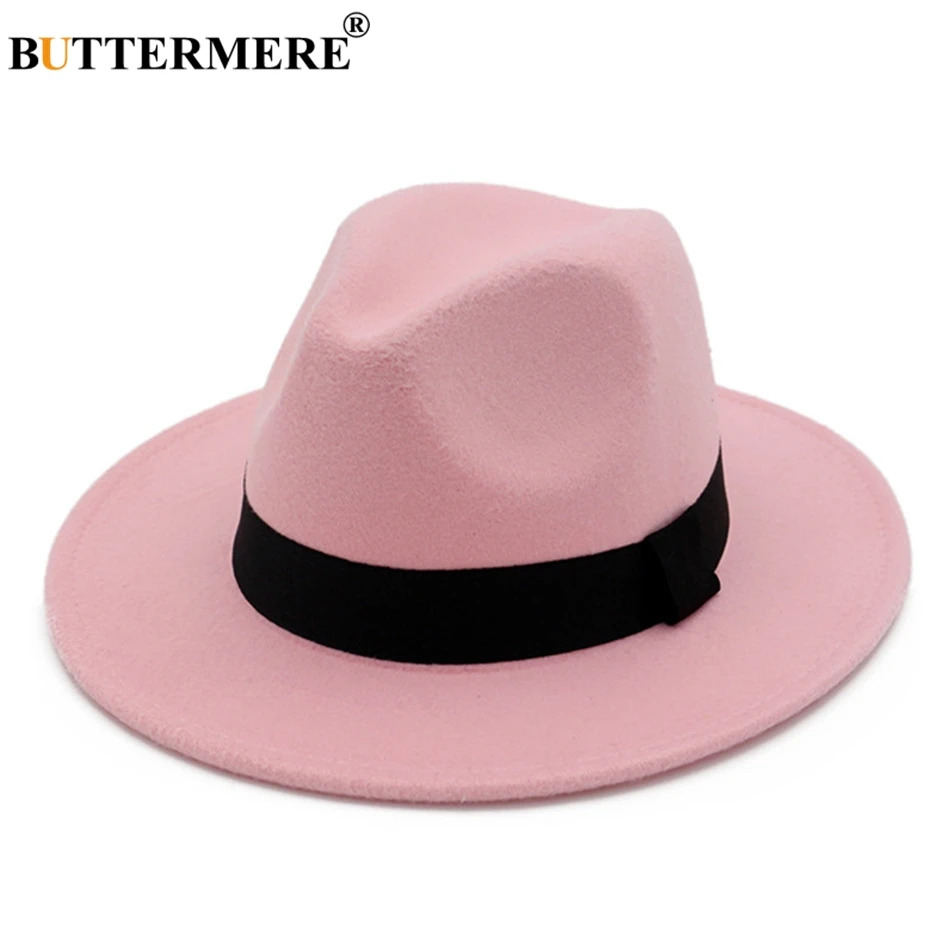 pink hat BUTTERMERE фетровые шляпы для девушек, хлопковая серая джазовая шляпа, Топ для женщин с широкими полями, британская Классическая фетровая шапочка, Женская осенне-зимняя фетровая шапочка - Цвет: pink hat