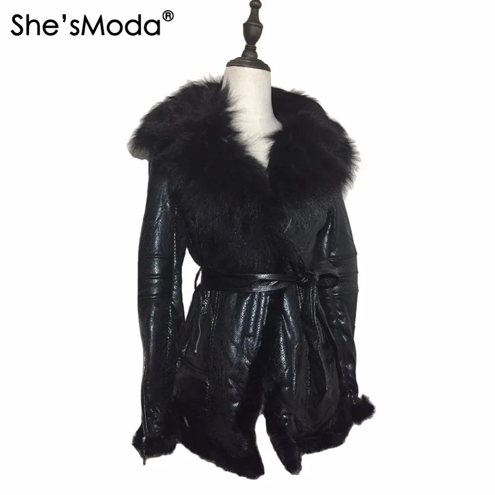 She'sModa с натуральным лисьим мехом из флиса с длинными рукавами и тонкий Для женщин на молнии пояса для пальто куртка размера плюс
