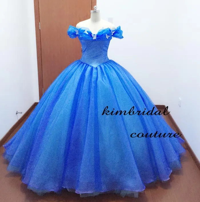 Actual Image Evening Dresses Gowns Court Train Off the Shoulder Butterfly Blue Ball Gown Cinderella Prom Dresses Real Picture