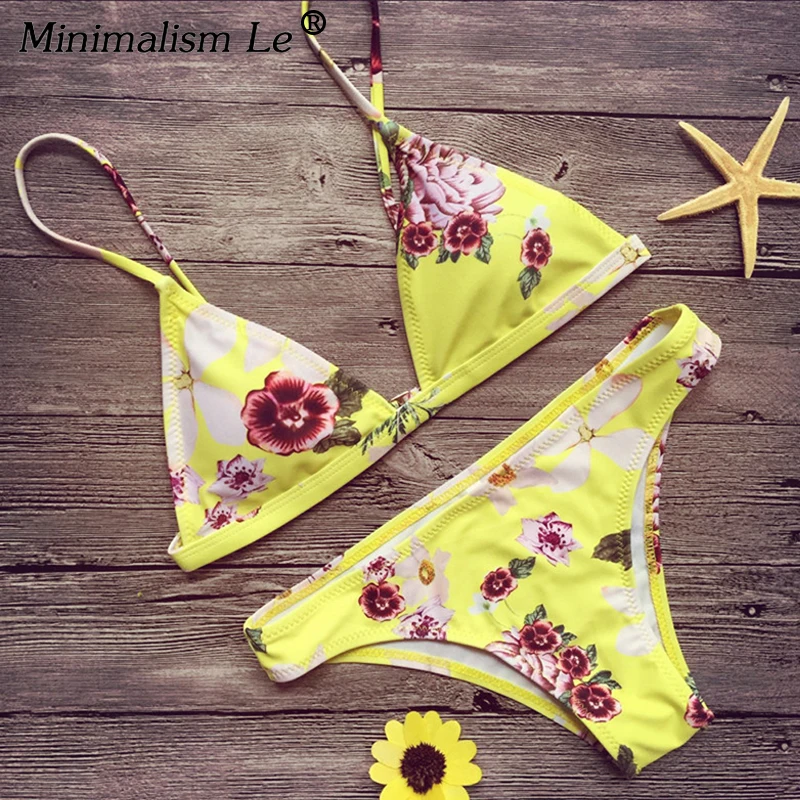 Minimalism Le 2019 Sexy Women Bikini Set Halter Swimsuit Print Swimwear Triangle Bikinis Small Fresh Beachwear Female Biquini |