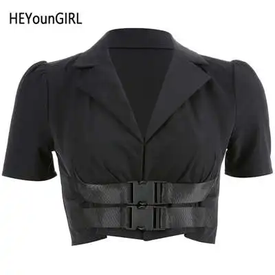 Черный HEYounGIRL, черный укороченный топ Харадзюку, футболка, корейский Панк, короткий рукав, футболка, женская мода, повседневная футболка, высокая уличная летняя - Цвет: Черный