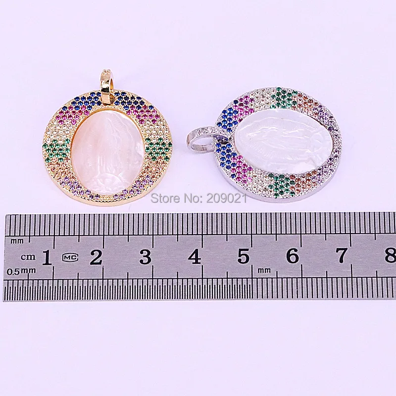

New 5Pcs Fashion Multi-color CZ Micro Pave Round Shaped Oval Shell Mary Pendant Necklace For Women