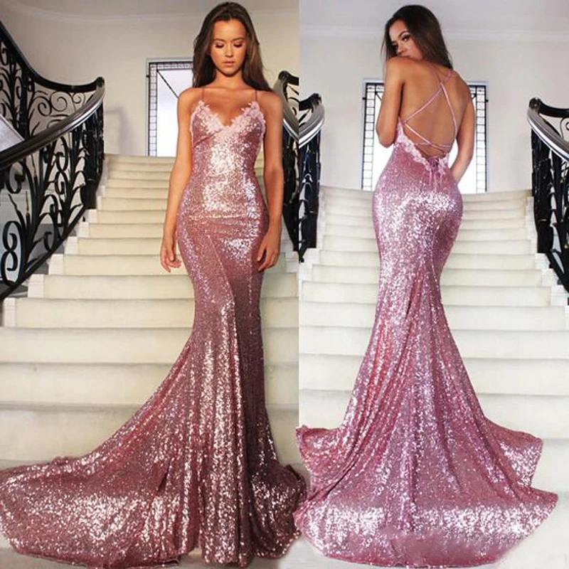 

Rose Pink Glitz Sequined Mermaid Prom Gowns 2018 Spaghetti Strap Sexy Backless Sweep Train Formal Dress Women Evening Party Gown