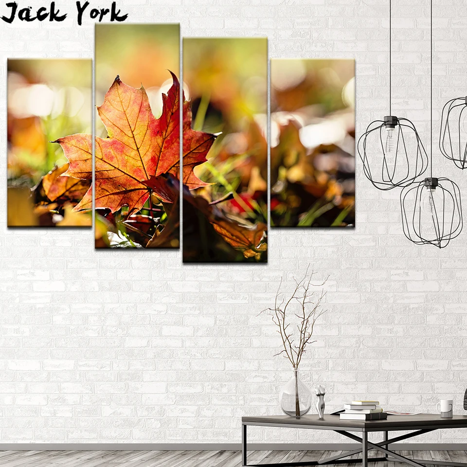 Canvas Painting Autumn leaves 4 Pieces Wall Art Modular Wallpapers Poster Print living room Home Decor free shipping | Дом и сад