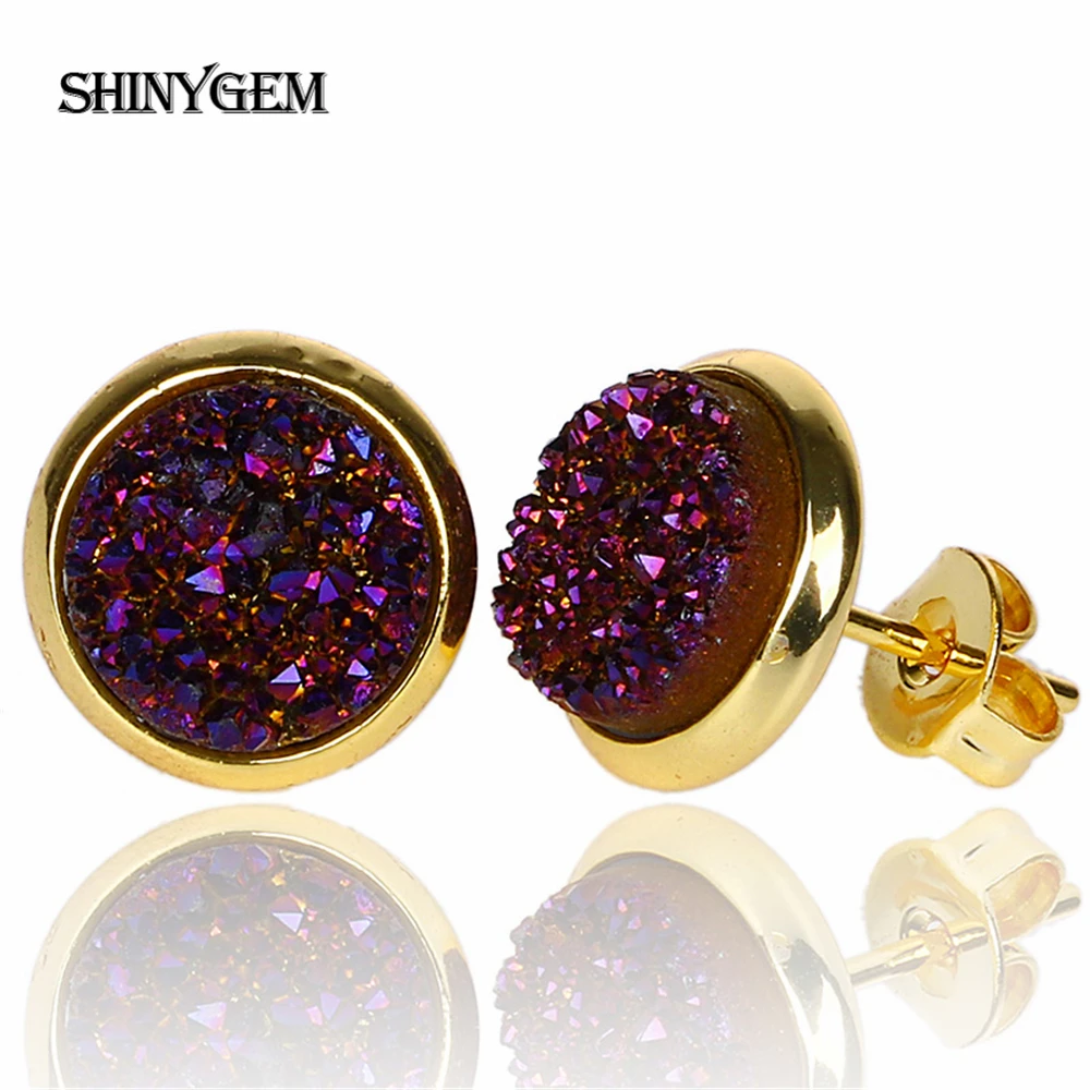 Shinygem новая модная обувь с украшением в виде кристаллов Стад Серьги с золотым покрытием красочные Druzy серьги 8 мм круглый Натуральный камень маленькие серьги для Для женщин
