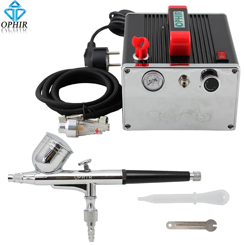 OPHIR Portable 0.3mm Airbrush Kit with Air Compressor for Model Hobby Cake Decorating Nail Art Airbrush Makeup Set _AC091+AC004