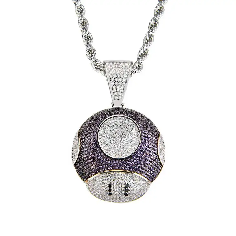 Purple Мультфильм AAA кубического циркония Iced Out кулон в виде гриба ожерелье мужские микро проложили цветной фианит ювелирные изделия Хип-хоп - Окраска металла: Purple