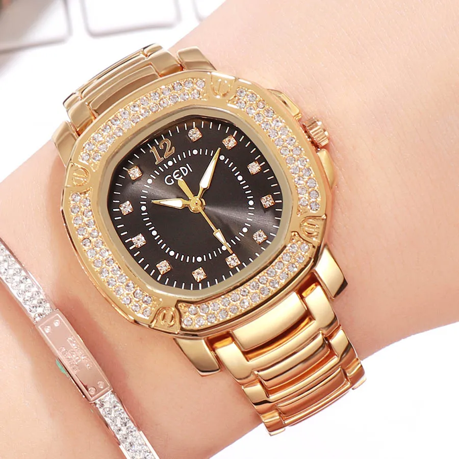 Gold black GEDI для женщин часы для женщин модные часы женские часы Топ Элитный бренд алмаз сплава кварцевые золото наручные часы для женщин - Цвет: Gold black