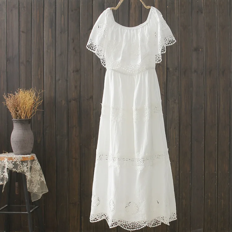 summer fairy Four-color-sweet lace slash neck hollow out patchwork cotton full dress S26882 | Женская одежда