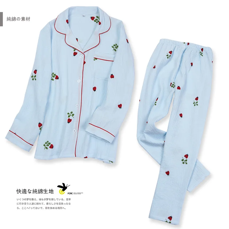 

Cartoon Ladybug Pajama Set Women's 100% Cotton Yarn Sleepwear Suit Wrinkle Long Sleeve Pants Pijama Mujer Loose Home Clothes