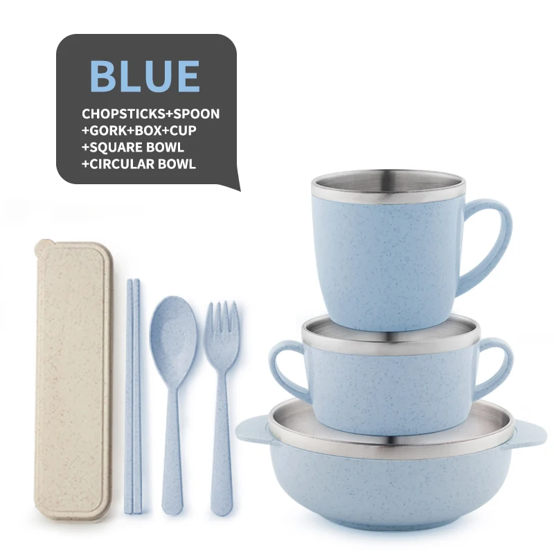 7 Pcs Blue Портативный набор посуды из нержавеющей стали 304, экологически чистый кухонный набор посуды из пшеничной соломы, набор столовых приборов для детей - Цвет: 7 Pcs Blue