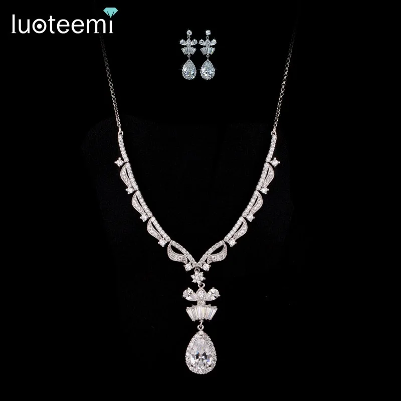 LUOTEEMI Brand Necklace+Earrings Zircon Wedding Jewelry Set for Brides Fancy Water Drop Cutting AAA+ Cubic Zirconia Necklace | Украшения и