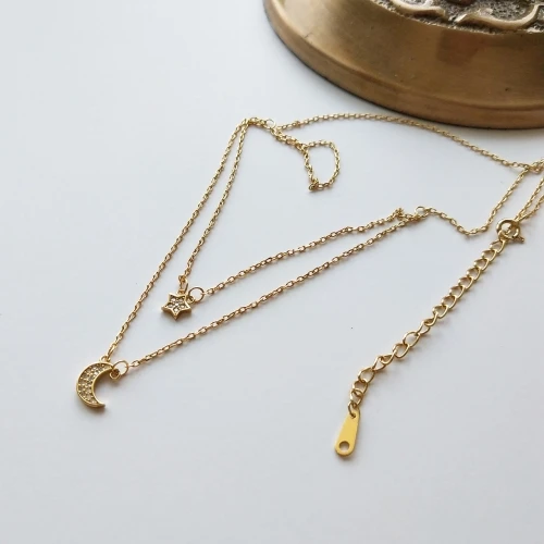 gold 925 пробы Серебряное Двухслойное геометрическое ожерелье с Луной и звездой 18 К золото микро проложить Циркон CZ кулон ожерелье для женщин ювелирные изделия - Цвет камня: gold