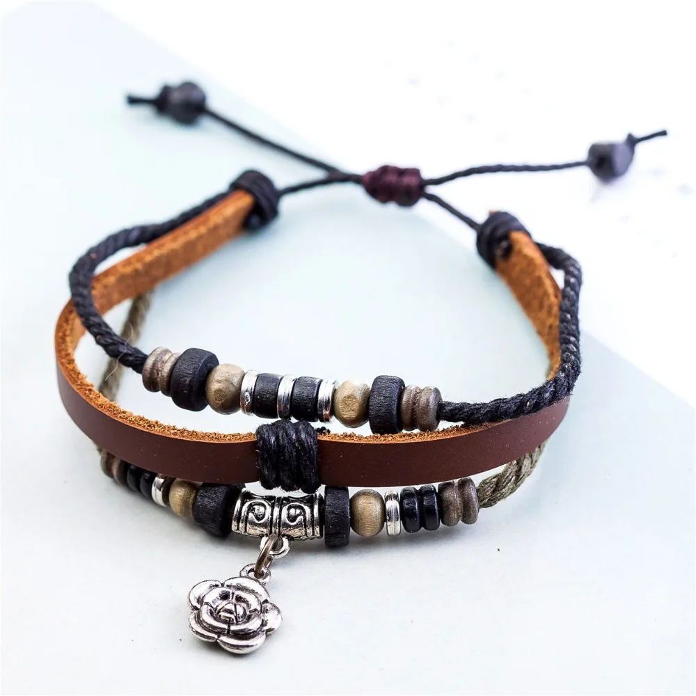 Кожаные браслеты для женщин и мужчин ювелирные изделия подвеска в виде цветка