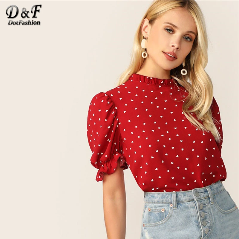 Dotfashion, красный топ с воланами на шее, с пышными рукавами, с принтом конфетти, сердце, для женщин,, летняя элегантная одежда с коротким рукавом, модная блузка