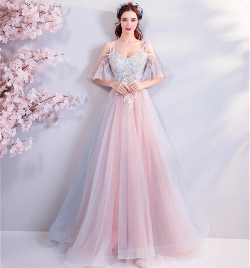 Элегантные розовые вечерние платья 2019 модные А-силуэта тюлевые аппликации