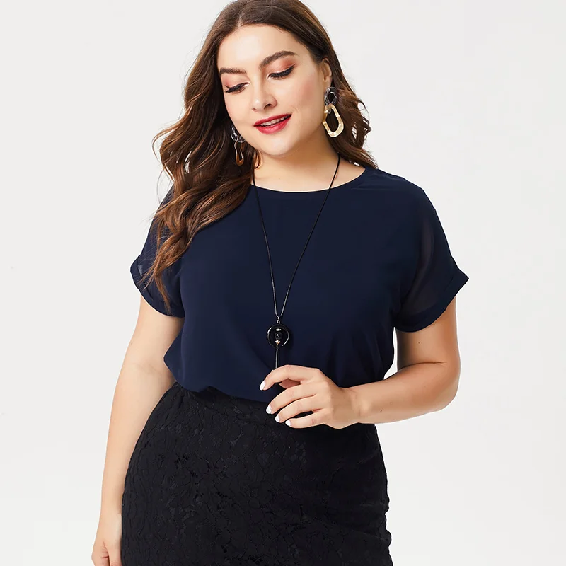 2019 summer new large size women's elegant O-neck short-sleeved chiffon solid color blouse slimming thin wild |