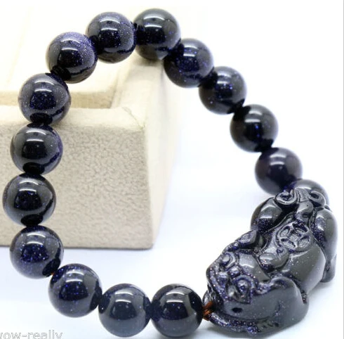 

365 10mm Blue Sand Stone Round Beads Mythical Wild Animal Elastic (A0427) Bracelet