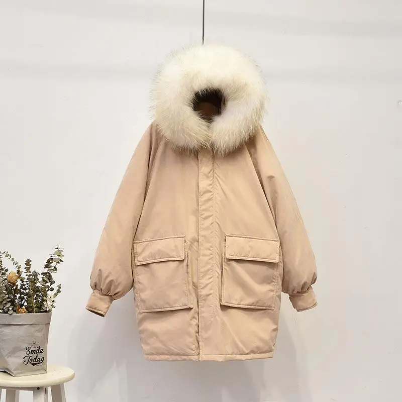 Fitaylor, зимние женские куртки, с капюшоном, белый утиный пух, парки, большой воротник из меха енота, повседневный пуховик, женская зимняя верхняя одежда - Цвет: Beige